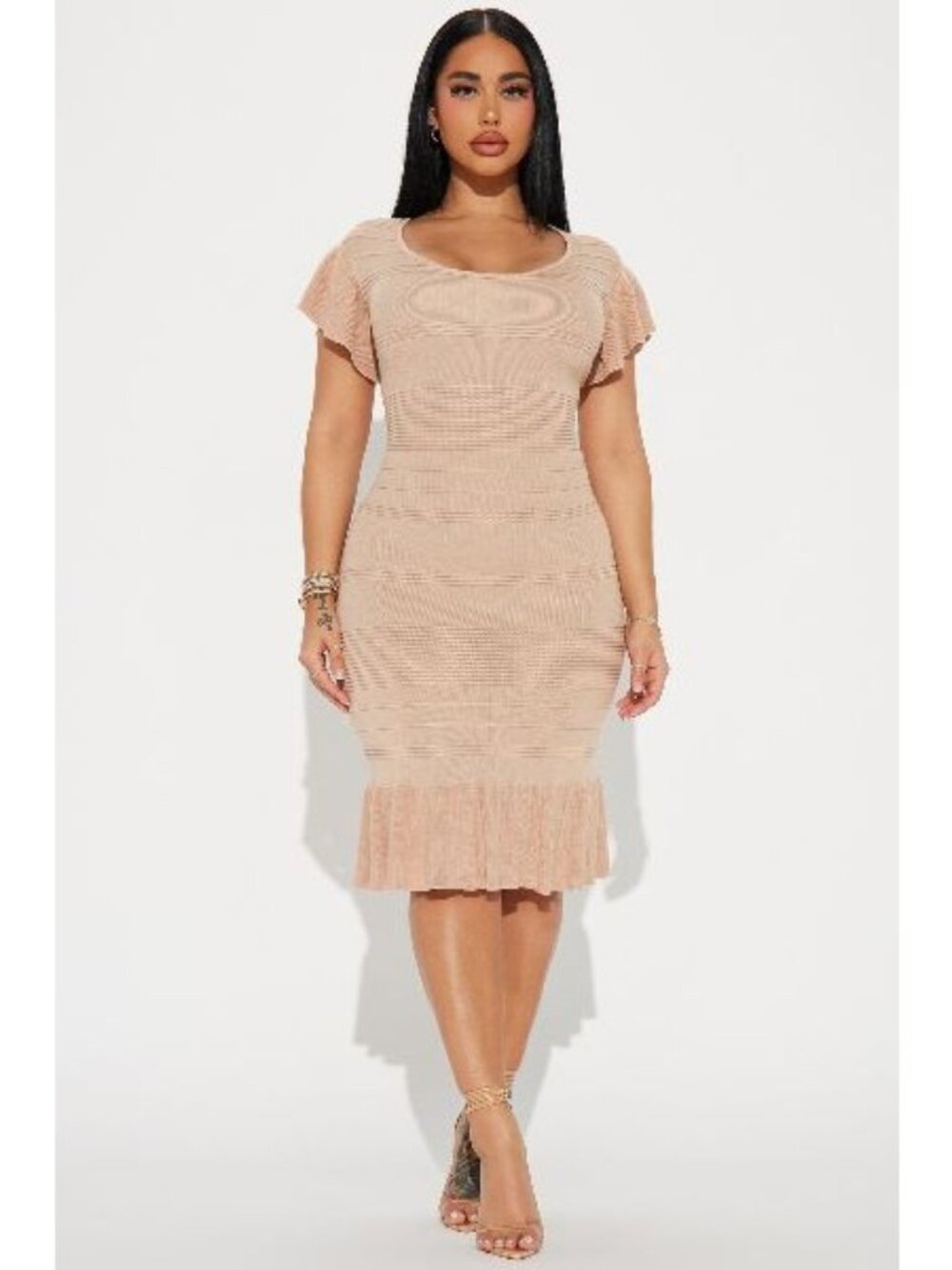 Fashion Nova Dress Size Large Beige Knit Bodycon Ruffle Hem Keyhole Flutter Slee